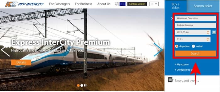 PKP official website search screen of Polish National Railways