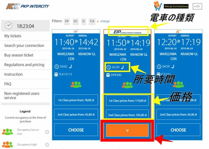 検索結果の電車一覧