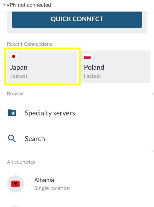 VPN Country Selection